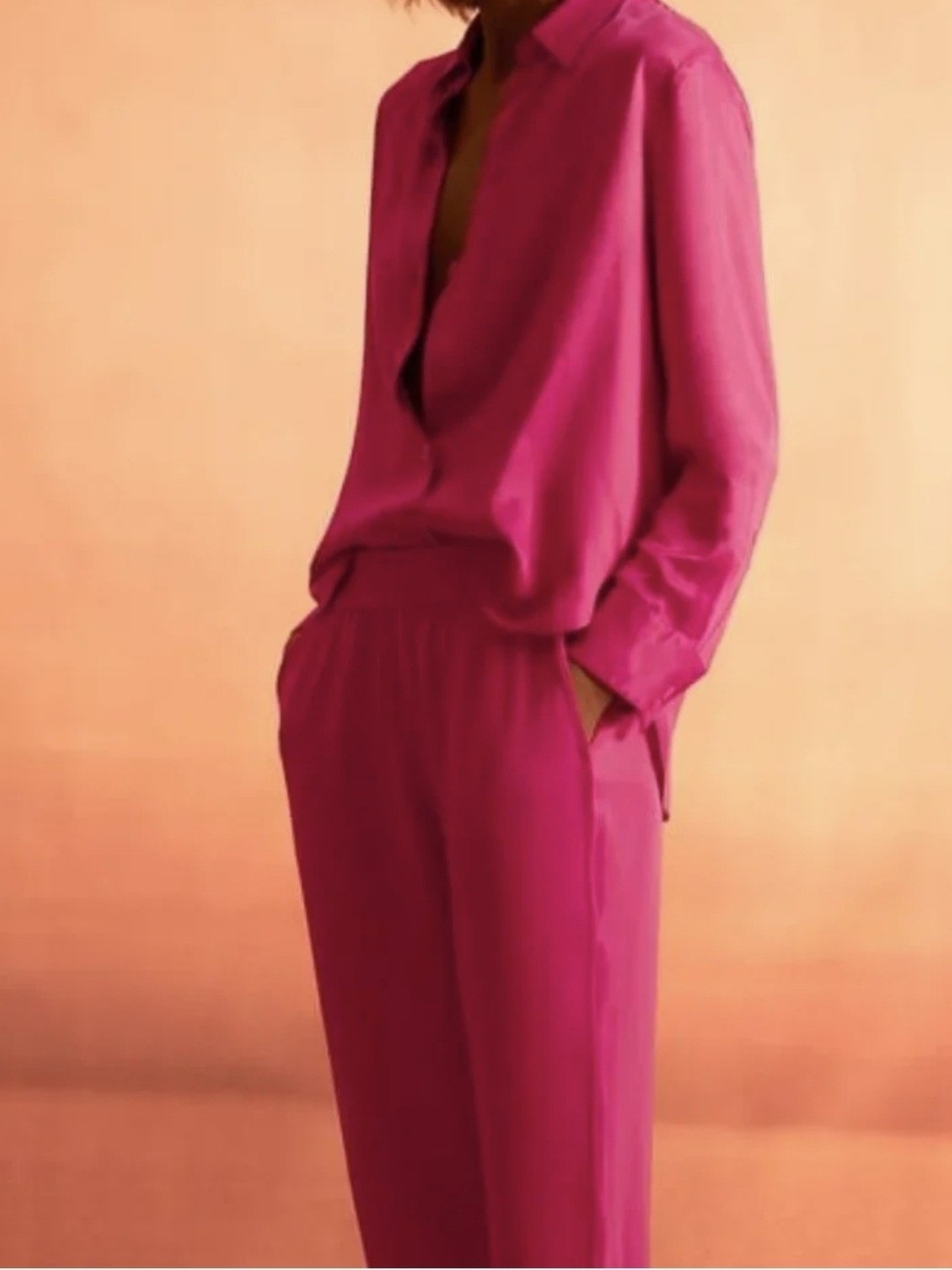 Zara Women's Fuchsia Satin Relaxed Trousers and Shirt Set